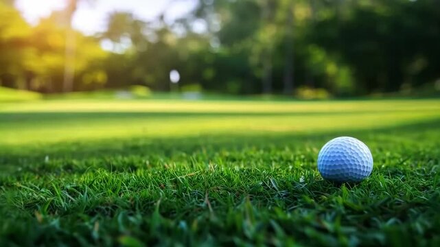 Panoramic view of a golf ball resting on a perfectly manicured, lush green lawn, surrounded by the tranquil beauty of a golf course, providing ample copy space for text and design elements.
