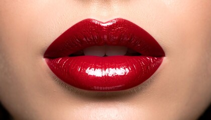 Obraz premium Close-up of woman's lips, red glossy lipstick