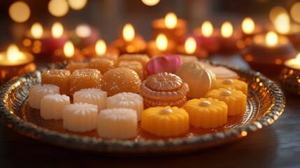 Colorful sweets on tray, lit by candles, festive background, for holiday or celebration imagery