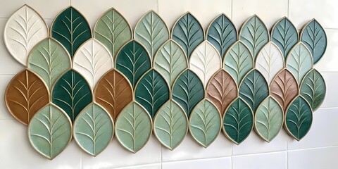 A cascading wall art piece of ceramic leaf tiles arranged by color gradient — starting from pale ivory to sage green to deep forest green, ending in copper metallic tones