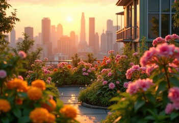 Fototapeta premium vibrant urban rooftop gardens sunset lush greenery colorful flowers city textures serenity, sky, beauty, plants, landscape, balcony, view, vegetation