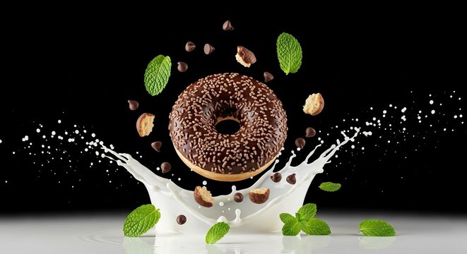 Chocolate donut levitating in a milk splash with coffee beans and mint leaves