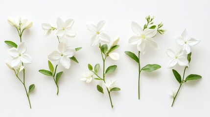 Fototapeta premium 35.A symmetrical arrangement of jasmine blossoms, their white petals contrasted by lush green stems, placed gracefully on a white background, evoking a sense of calm and purity.
