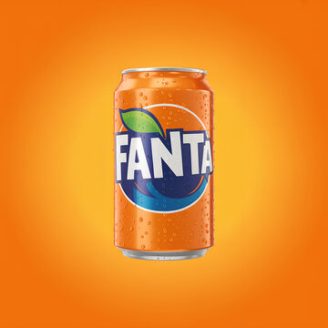 refreshing fanta drink can with condensation closeup

