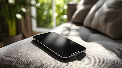 Modern Smartphone Mockup on Cozy Sofa with Natural Light in a Bright Living Room