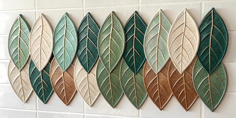 A playful mix of round, teardrop, and oblong-shaped ceramic tiles with embossed leaf and petal textures, glazed in indigo, olive, burnt orange, and champagne gold