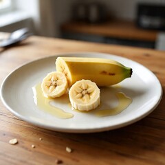 Close-up of sliced banana on a ceramic plate for healthy breakfast, accompanied by a glass of milk on a wooden table in soft natural light