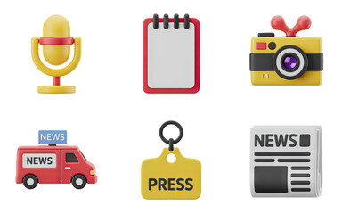 Gathering breaking news with microphone, camera, press pass, van, notebook, and newspaper icons.