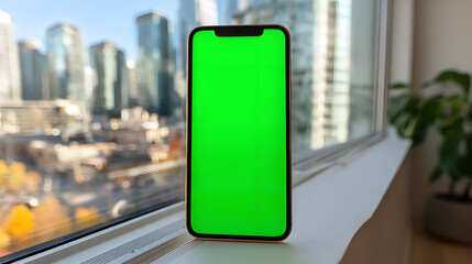 Mobile Phone Mockup with Green Screen on Window Sill Overlooking City