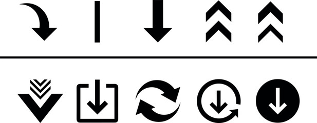 Set of black download, upload, refresh, and arrow icons in various styles, isolated vector for web, UI, refresh,  isolated vector for web, UI, and app design