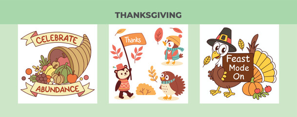 Celebrate Thanksgiving with adorable cartoon animals, harvest cornucopia, and festive feast mode vector graphics for invitations and greeting cards