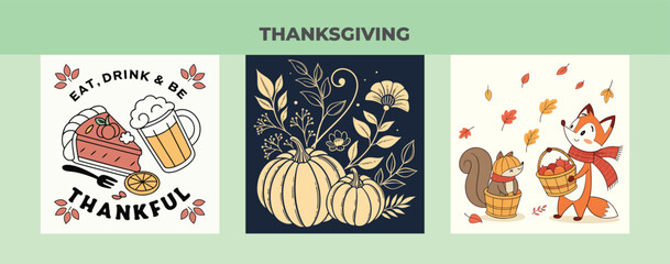 Thanksgiving celebration with autumn leaves and cute animals, perfect for festive invitations and creative seasonal designs for a warm holiday spirit