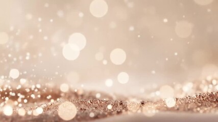 A glittering, light brown surface with a soft, blurred background and floating, translucent orbs of light. - Powered by Adobe