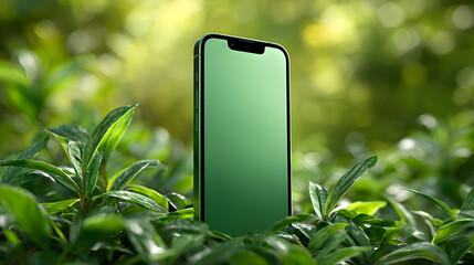 Modern Smartphone Mockup with Green Screen Amidst Lush Green Foliage