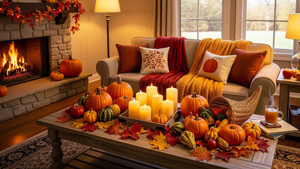 Cozy autumn living room decor ideas with pumpkins candles and fireplace for fall season vibes