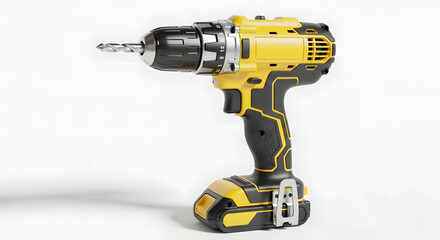 Yellow and black cordless drill,  angled view,  isolated on white background,  power tool,  ready to use.
