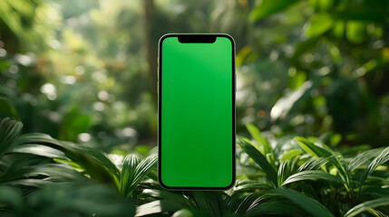 Modern Smartphone with Green Screen Template Resting on Vibrant Jungle Foliage