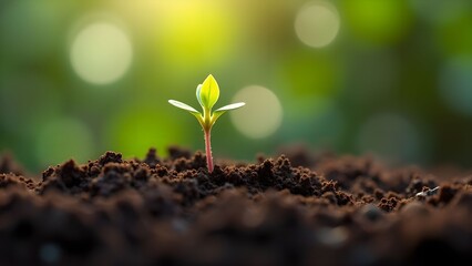 New sprout emerging from rich soil under soft sunlight in a nurturing environment