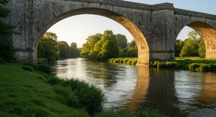 Fototapeta premium Serene River Landscape: Ancient Stone Bridge at Sunset