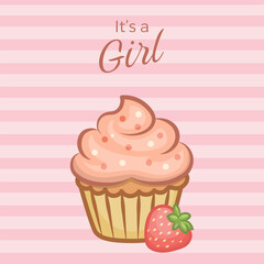 Cute vector illustration of cupcake for gender reveal party. Pink cupcake with strawberry for a girl.