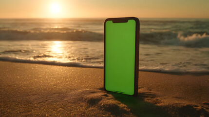 Vertical Mobile Phone Mockup with Green Screen on a Sunlit Sandy Beach at Sunset