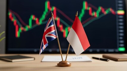 United Kingdom and Indonesia flags symbolizing economic partnership and financial market collaboration. Stock exchange chart in the background. - Powered by Adobe
