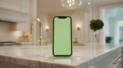 Mobile Phone with Green Screen Display Mockup on a Bright Modern Kitchen Counter