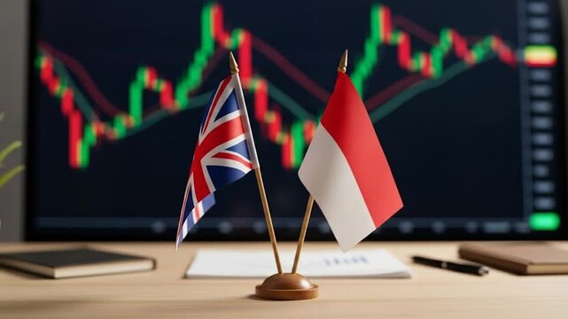 United Kingdom and Indonesia flags symbolizing economic partnership and financial market collaboration. Stock exchange chart in the background. - Powered by Adobe