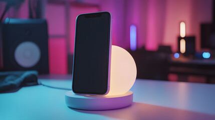 Mobile Phone Mockup on Modern Desk with Vibrant Neon Lighting