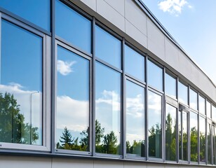 Reflections of sky and trees in the glass windows of a modern facade showcasing contemporary