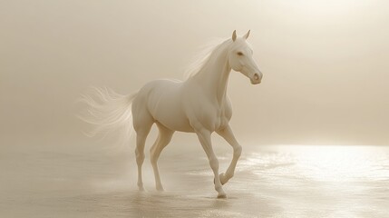 Majestic white horse walking on a beach at sunrise
