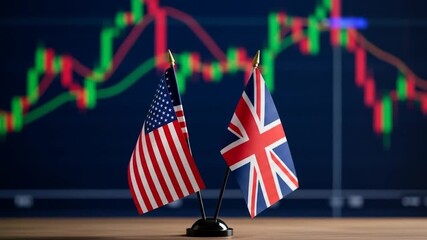 Economic relationship and currency exchange between the USA and the United Kingdom with flags against a financial stock market chart. - Powered by Adobe