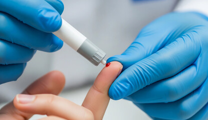 A medical professional performs a blood sugar test with a lancing device. This image is ideal for themes of diabetes management and healthcare.