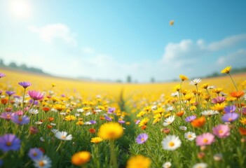 Fototapeta premium vibrant wildflower fields colorful blossoms under clear blue sky nature scenery bright spring landscape, sunshine, petal, flora, meadow, beauty, horizon, tulip