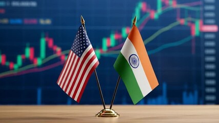 Economic relations between the United States and India, symbolized by national flags with a financial stock market chart. - Powered by Adobe