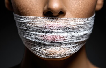 Close-up of woman's mouth taped shut