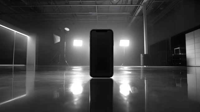 Sleek Mobile Phone Mockup with Blank Screen Standing in Dark Studio