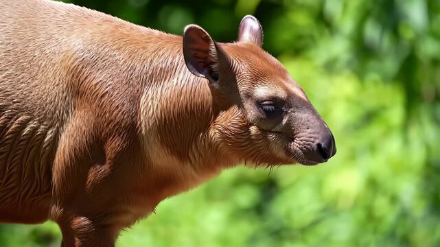 Reddish-Brown South American Tapir in Natural Habitat with Green Foliage Background