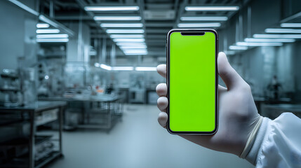 Professional Gloved Hand Holding Green Screen Mobile Phone in Scientific Lab