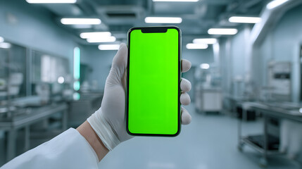 Hand in Sterile Glove Holding Smartphone with Green Screen in a Bright Modern Laboratory