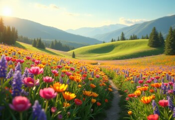 Fototapeta premium vibrant wildflower fields rolling hills colorful meadow nature scenic view blooming flora, landscape, spring, beauty, petal, grass, scene, terrain, ecosystem
