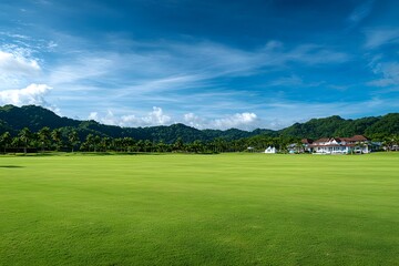 Obraz premium Verdant Field Stretches Towards Distant Mountain Skyline