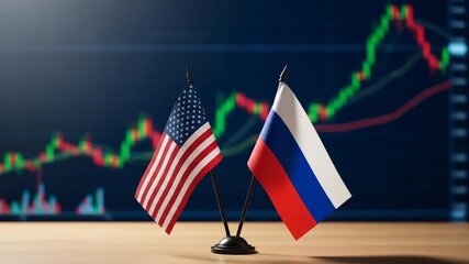United States and Russia flags on a table against a financial stock market chart background, symbolizing international economic relations and diplomacy. - Powered by Adobe