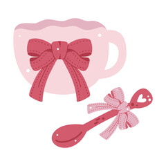 Cute cartoon pink coffee cup and spoon with bows. Perfect for cozy, feminine, or romantic beverage designs. Vector illustration.