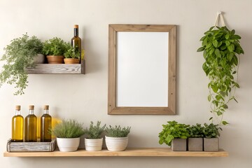 Frame mockup on a neutral-toned kitchen wall with herb planters and olive oil bottles on a shelf
