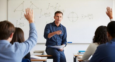 Engaged Math Classroom: Teacher Explaining Problem with Students Raising Hands, Education, Knowledge Illustration