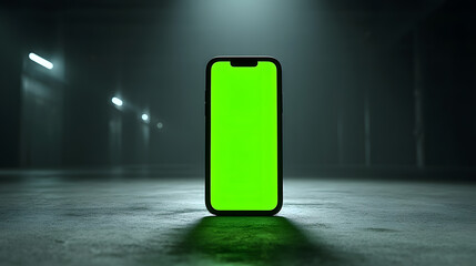 Mobile Phone Mockup with Green Screen Display in Dark Industrial Setting
