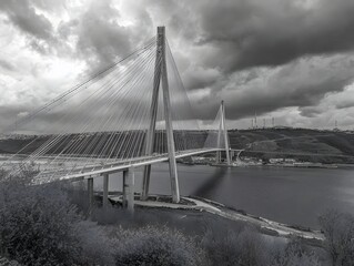 Striking Bridge Across Serene Waters In Black And White