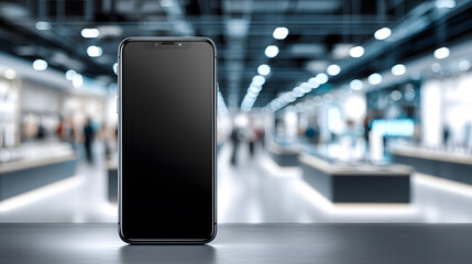Sleek Mobile Phone Mockup on a Dark Surface in a Modern Tech Store