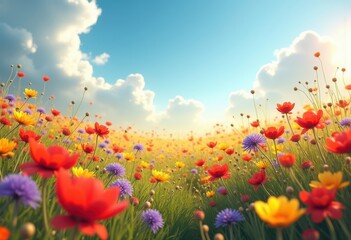 Fototapeta premium vibrant wildflower meadow swirling color beneath expansive bright blue sky natural beauty, spring, landscape, flora, outdoors, scenic, sunset, garden